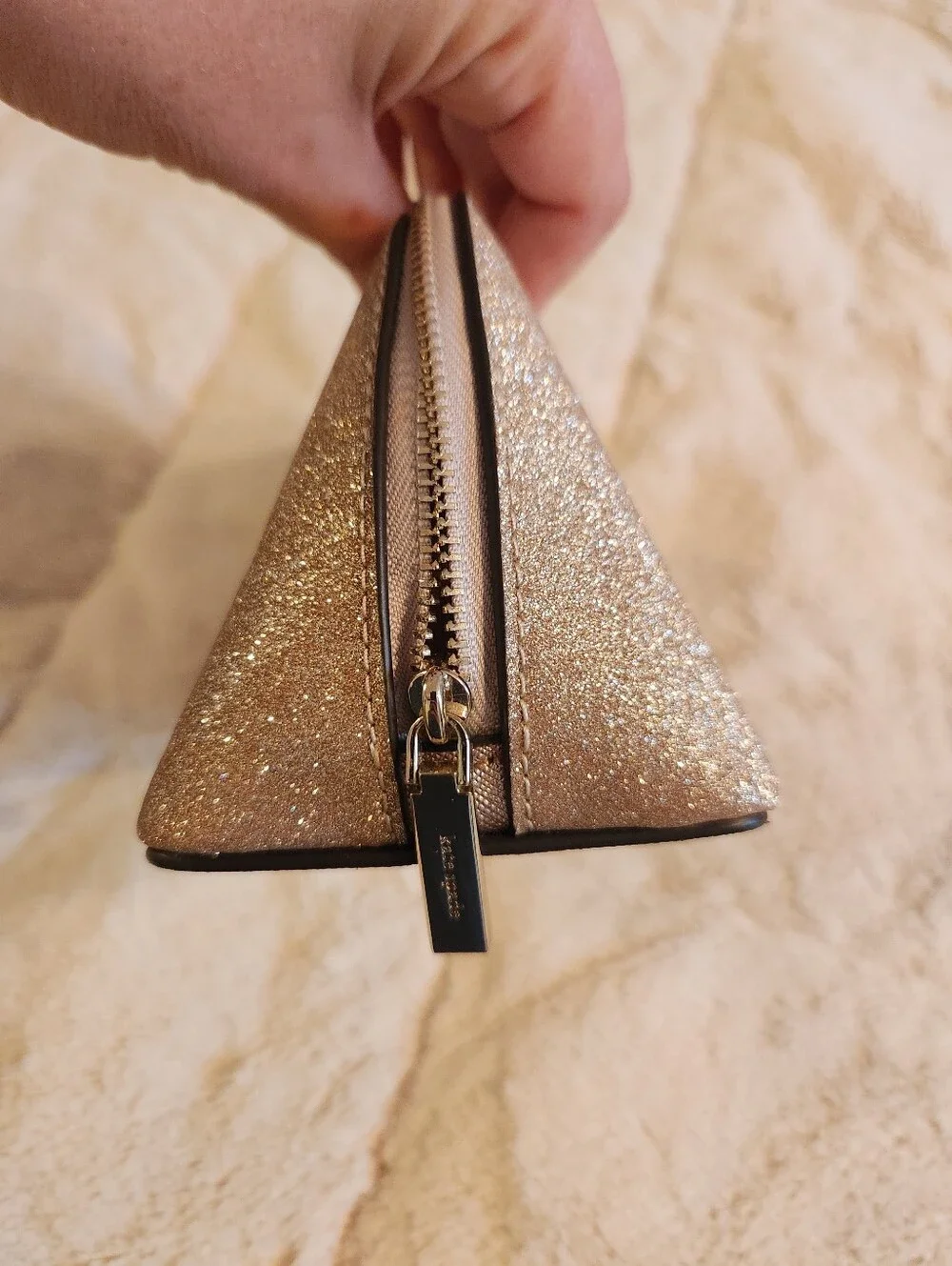 Kate Spade New York Shimmy Glitter Cosmetic Case in Rose Gold Make-up Travel EUC